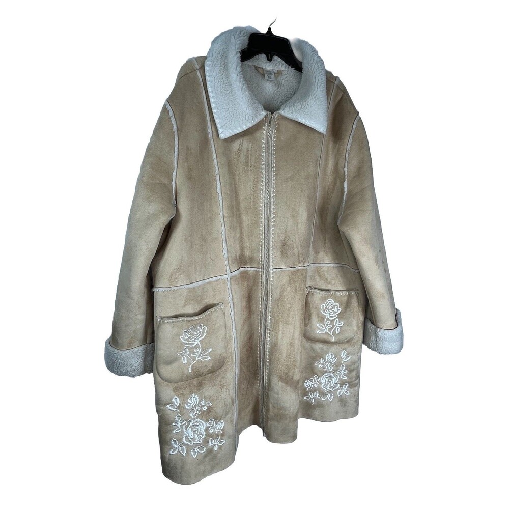 faux leather jacket y2k vintage beige microsuede sherpa embroidered boho Coat
